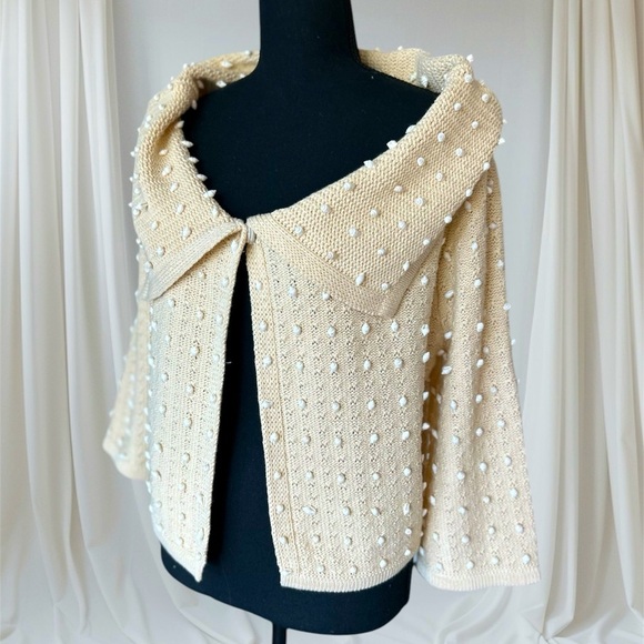 Worth Cardigan Sweater Hand Sewn Seashells Cowl Neck Ivory Butter Size Medium - Picture 2 of 12